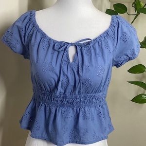 Love Tree Eyelet Puff Sleeve Crop Top